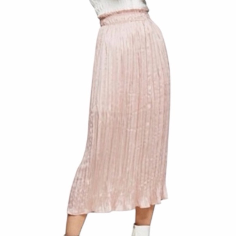 Topshop Plisse Pink Satin Pleated Midi Skirt size 8 Elastic Waist